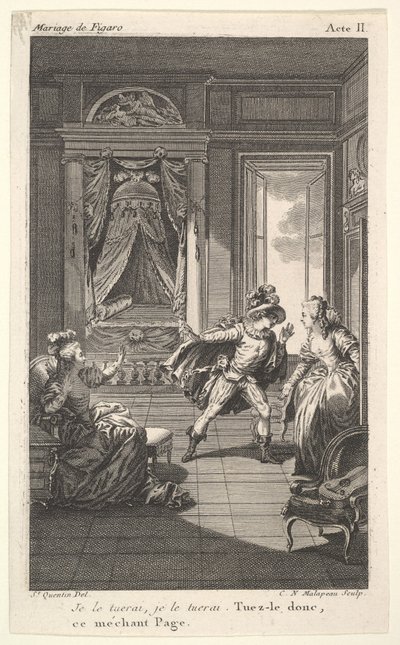 Um homem se inclina para uma mulher parada em uma porta à direita, à esquerda uma mulher sentada levanta ..., ca. 1784 de Claude Nicolas Malapeau