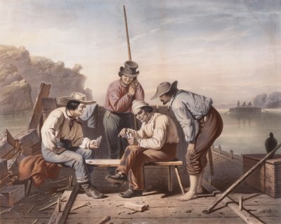 Em um dilema, barqueiros do Mississippi jogando cartas de Claude Régnier