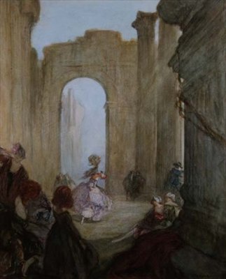 Garotas observando uma bailarina entre as ruínas clássicas (cor litho) de Claude Shepperson