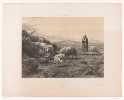 Pastora com ovelhas na planície do Cantal Les Vallées du Cantal (título no objeto) Pastagens (título da série) Les paturages (título da série no objeto) de Claude Thielley