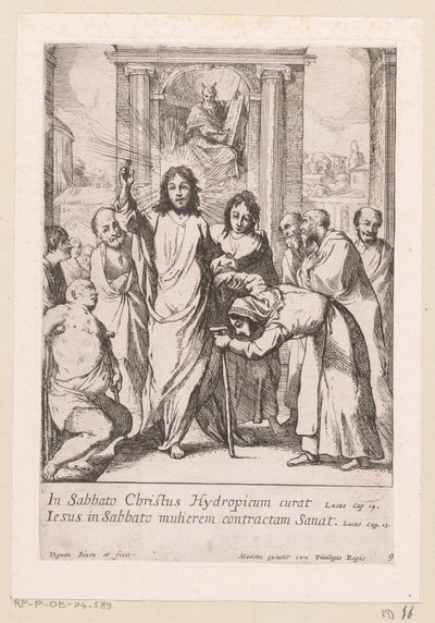 Curar o homem coxo e a mulher torta no sábado
Miracula Domini Nostri Jesu Christi (título da série)
Milagres de Cristo (título da série) de Claude Vignon