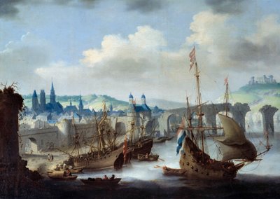 Vista da cidade de Rouen Os navios estão atracados nas margens do Sena. Quadro de Claude de Jongh de Claude de Jongh