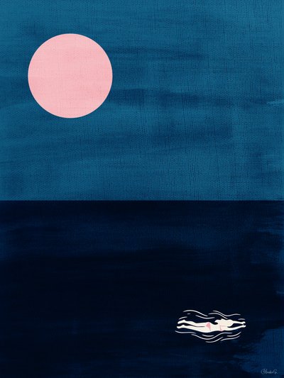 Impressão artística abstrata do oceano «Midnight Swim Pink Moon» de Claudia Spano'