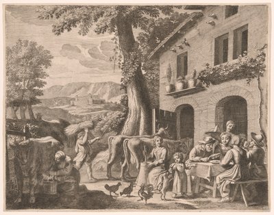 Um agricultor sentado à mesa com a sua família, Prato 13 de Pastorales de Claudine Bouzonnet Stella