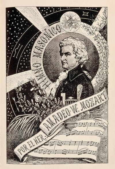 Representação do compositor austríaco Wolfgang Amadeus Mozart (1756-1791), membro da Maçonaria associada ao Dicionário Enciclopédico da Maçonaria, final do século XIX - início do século XX (gravura) de Claudio Castelucho