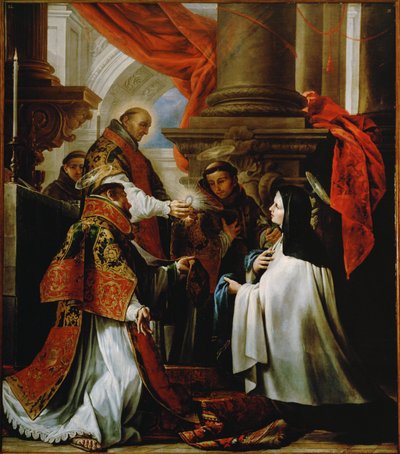 A comunhão de Santa Teresa de Ávila; Petrus de Alcântara oferece a hóstia, São Francisco e Santo António de Pádua assistem como diáconos (pintura sobre tela) de Claudio Coello