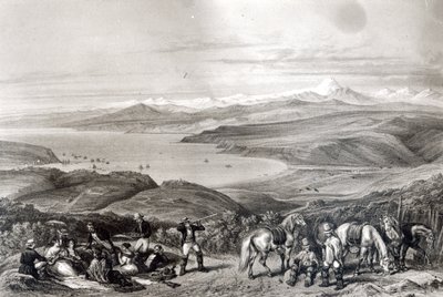 Vista distante do vulcão Aconcágua, da &39;Historia de Chile&39; gravada por F. Lehnert de Claudio Gay