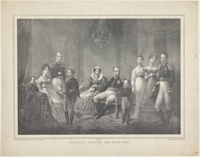 Retrato de família de William I Frederik, rei dos Países Baixos, Wilhelmina da Prússia, seus filhos com esposas, sua filha e quatro netos de Claudio Linati