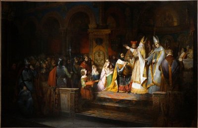 Carlos Magno é coroado rei de Itália pelo Papa Adriano I em Milão, 774 de Claudius Jacquand