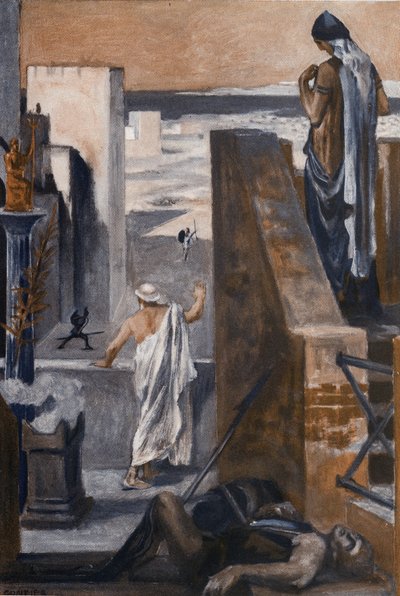 Os pais de Hector estão implorando para que ele evite a briga. Ilustração de Clement Gontier (1876-1918) para “A Ilíada” (Omero) de Homero. Paris, Henri Laurens de Clement Gontier