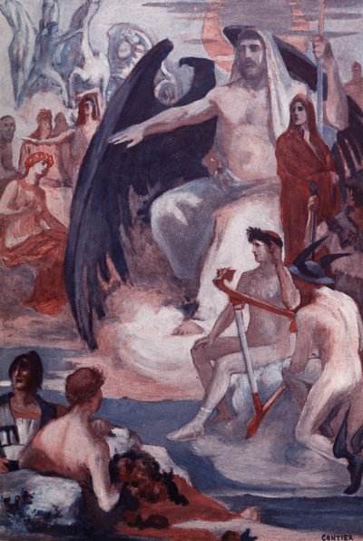 A Defesa de Júpiter para salvar os troianos ou gregos. Ilustração de Clement Gontier (1876-1918) para "A Ilíada" de Homere (Omero). Paris, Henri Laurens de Clement Gontier