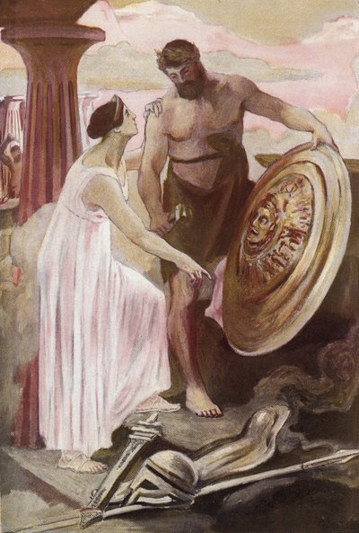 O escudo de Aquiles criado por Vulcano. Ilustração de Clement Gontier (1876-1918) para "A Ilíada" de Homere (Omero). Paris, Henri Laurens de Clement Gontier