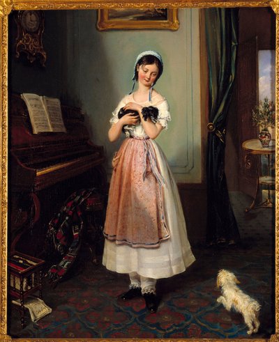 Uma jovem rapariga num interior burguês com dois cães. Pintura de Clementine de Bar (1807-1856) Paris do século XIX, Galerie Garoche de Clementine de Bar