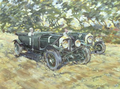 1929 Bentleys vencedores de Le Mans (acrílico sobre tela) de Clive Metcalfe