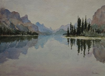 Lago Maligne, ao entardecer IMG_2026, 2016 (aguarela) de Clive Wilson