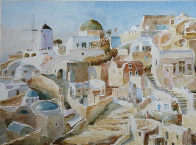 Santorini Oia - Sol do fim da tarde, 2022 (aguarela) de Clive Wilson