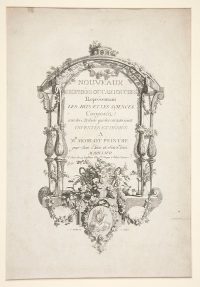 Página de título de New Trophees ou cartouches representando as artes e ciências de Clément Pierre Marillier