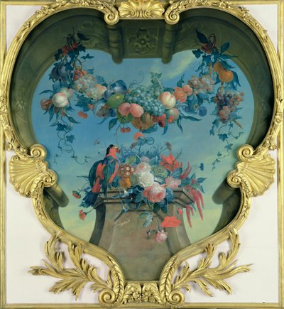 Festão de frutas penduradas sobre um pedestal com flores e um papagaio vermelho-verde, c. 1730-31 de Coenraet Roepel