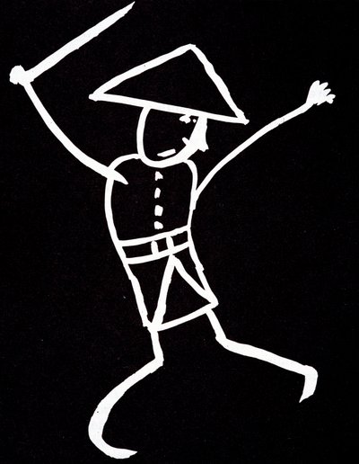 Personagem com chapéu, uniforme e balançado. Desenho de anime de Emile Cohl (1857-1938) em branco sobre preto. de Cohl