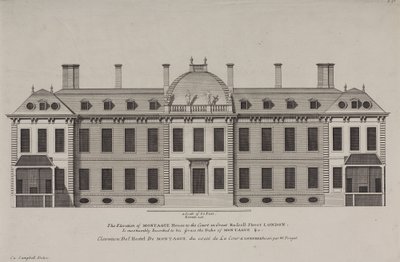 Elevação da Casa de Montague à corte da Rua Great Russell, Holborn, c.1725 (gravura) de Colen Campbell