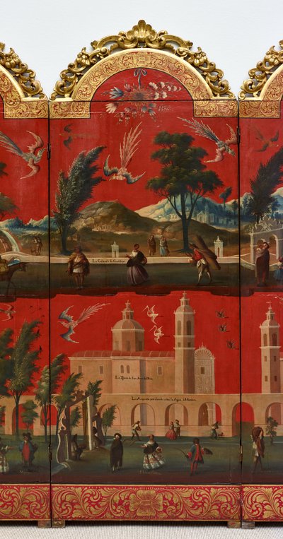 Biombo com vistas da Cidade do México (óleo sobre laca maki-e vermelha sobre painel, com montagens em madeira dourada e suporte em linho) de Colonial Spanish