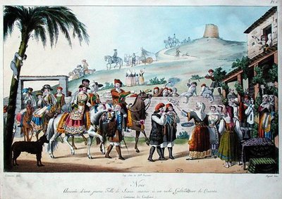 Procissão de casamento na região de Cagliari, na Itália, gravada por Bezard 1825 (litho colorido) de Cominotti Cominotti