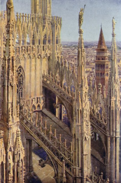 Uma ala do Duomo e a Torre de São Gottardo, Milão de Commendator Formilli