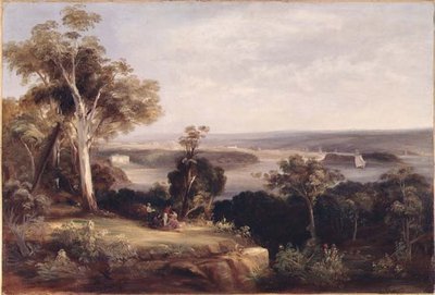Paisagem arborizada com uma vista distante de Sydney de Conrad Martens