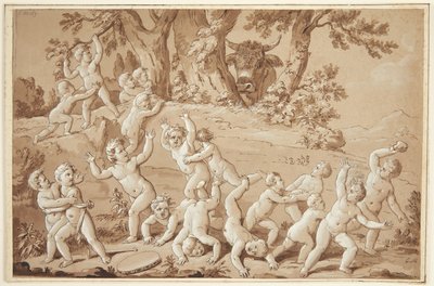 Um grande grupo de putti mergulhado no terror pela chegada de um touro de Conrad Martin Metz
