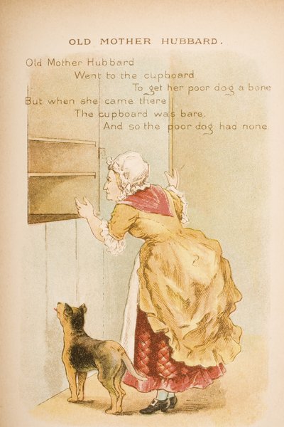 Velha Mãe Hubbard, de "Rimas e Contos da Velha Mamãe Ganso", publicado por Frederick Warne und Co., c.1890s (cromolito) de Constance Haslewood