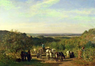 Vista dos topos das colinas de Suresnes ou, a colheita da uva em Suresnes de Constant Emile Troyon