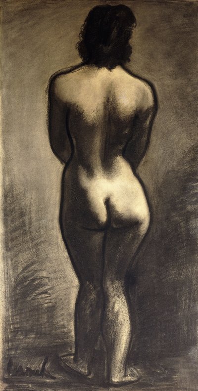 Nu Nu em pé; Nu Debout - Stand Naakt, c. 1930 (giz preto e lavagem preta sobre papel) de Constant Permeke