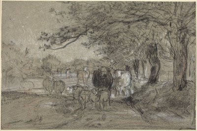 Vacas e ovelhas sob árvores de Constant Troyon