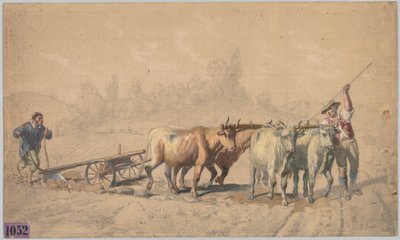 Quatro bois puxando um arado, 1853. de Constant Troyon