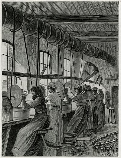 Uma oficina de mulheres no vidro de Val Saint Lambert. Gravura de C. Meunier para ilustrar a história "La Belgique", de Camille Lemonnier (1844-1913), escritor e crítico de arte. de Constantin Emile Meunier