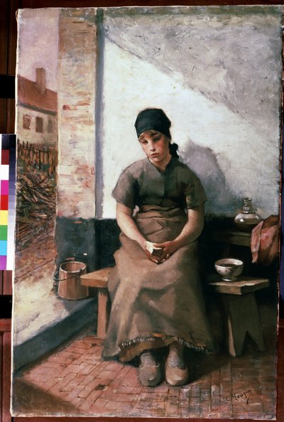 ""Café da manhã de uma serva"" (Café da manhã de uma serva) Jovem empregada de expressão melancólica, usando tamancos e lenço na cabeça, perto dela uma tigela de café e um pedaço de pão nas mãos como café da manhã. Pintura de de Constantin Emile Meunier