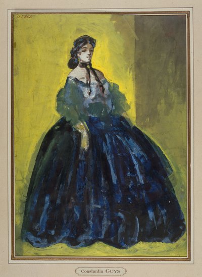 Studie einer Frau im blauen Kleid vor gelbem und grünem Hintergrund, um 1865 de Constantin Guys
