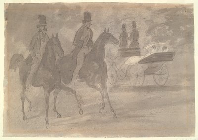 Carruagens puxadas por cavalos a cavalo num parque de Constantin Guys