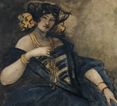 Mulher sentada, elegantemente vestida, meia figura de Constantin Guys