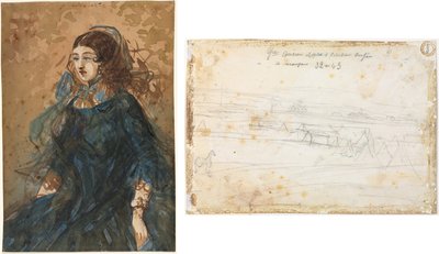 Mulher de Vestido Azul (reto); Cena do acampamento de guerra (verso) de Constantin Guys