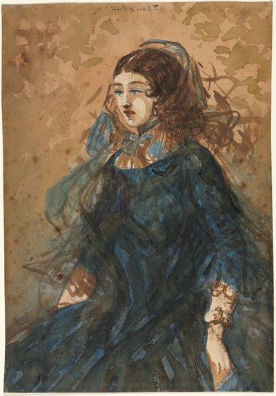 Mulher em um vestido azul reto, verso da cena do acampamento de guerra, 1855-1860. de Constantin Guys