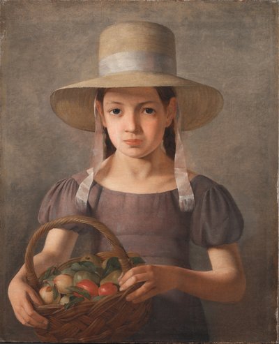 Uma menina com frutas em uma cesta de Constantin Hansen