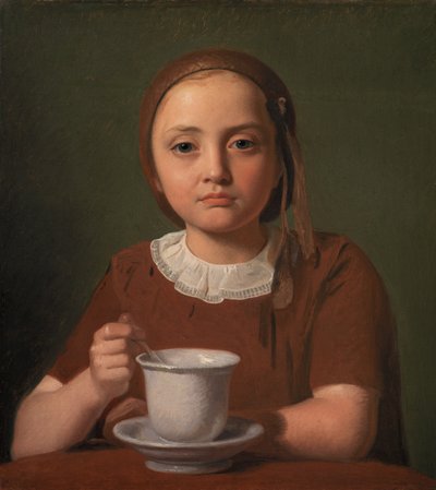 Dinamarquês:  En lille pige, Elise Købke, med en kop foran sig Retrato de uma menina, Elise Købke, com uma chávena à sua frente de Constantin Hansen
