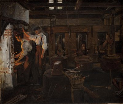 O interior do antigo moinho de martelos em Hellebæk de Constantin Hansen