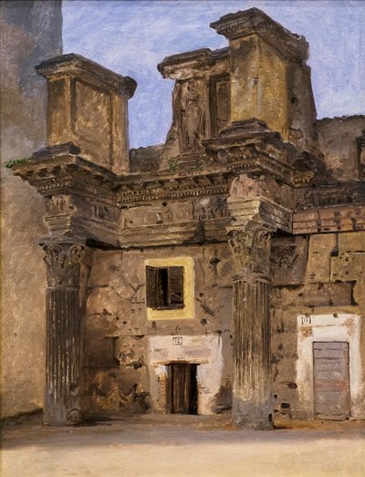 O Templo de Minerva no Fórum de Nerva em Roma, c.1840 (óleo sobre papel montado em tela) de Constantin Hansen