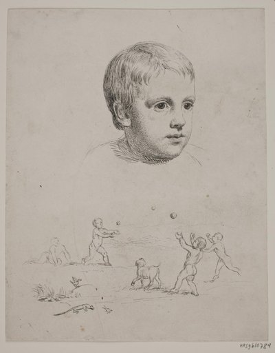 Retrato superior de T. N. Thiele quando criança, abaixo de quatro meninos jogando bola de Constantin Hansen