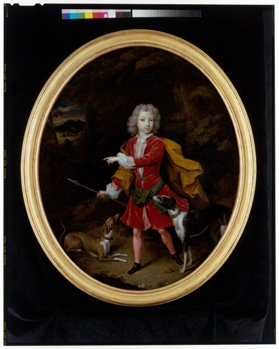 Retrato de um jovem acompanhado por um par de cães de caça numa paisagem arborizada de Constantin Netscher