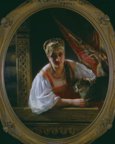 Beleza russa com gato de Constantine Egorovitch Makovsky