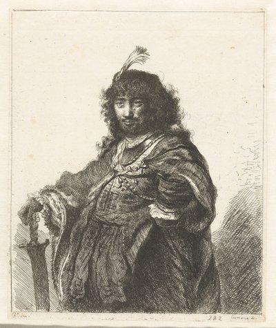Auto-retrato (?) com gorro emplumado e sabre rebaixado de Constantino Cumano