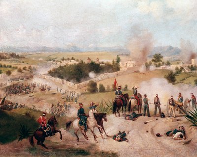 Guerra América-México: vista da batalha de Molino del Rey em 08/09/1847 - (Guerra Mexicano-Americana, vista da batalha de Molino del Rey) Pintura de Detalhe de Constantino Escalante (1836-1868) de Constantino Escalante